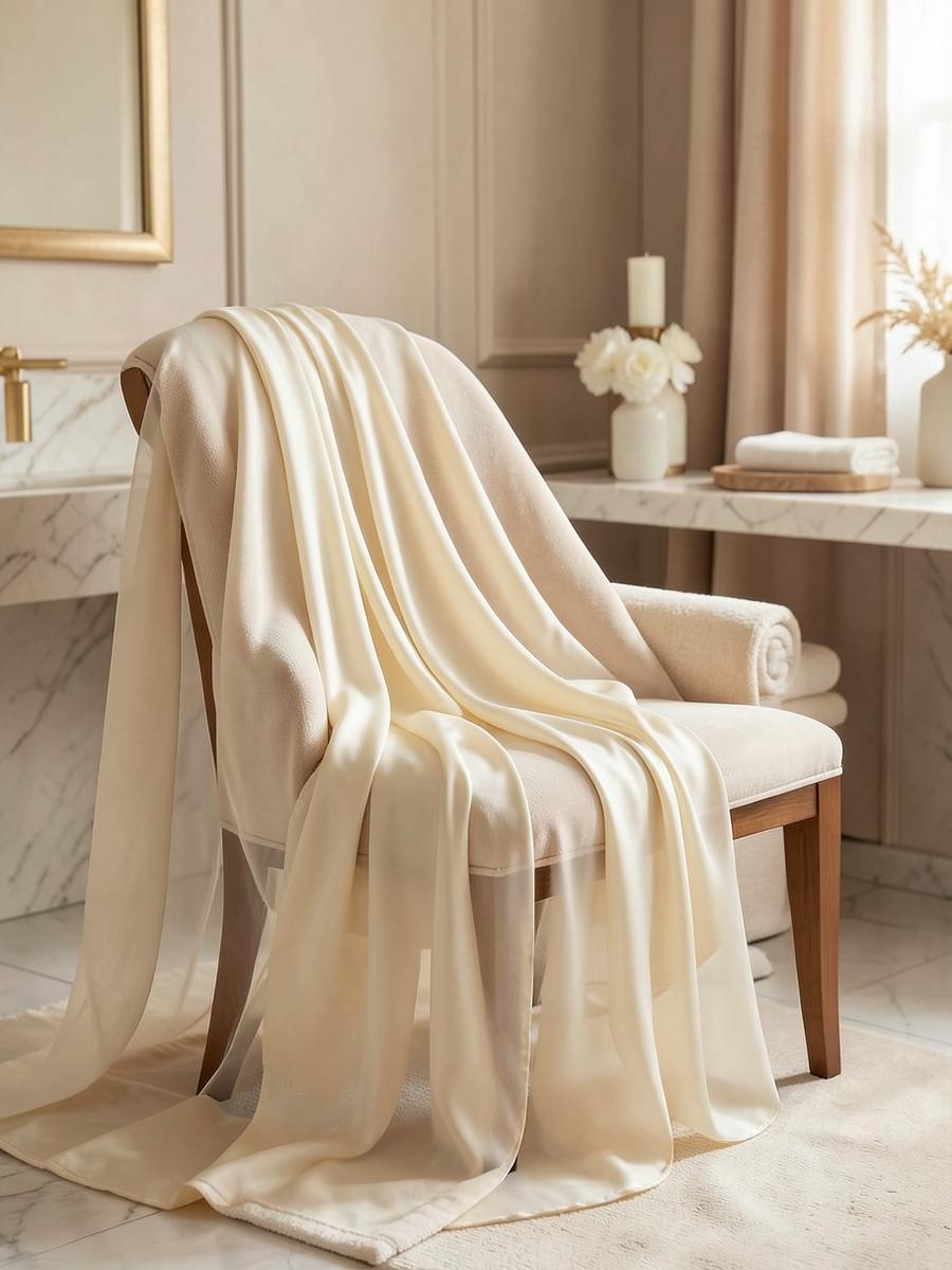 Velo de novia de seda sobre una silla en un ambiente cálido y elegante