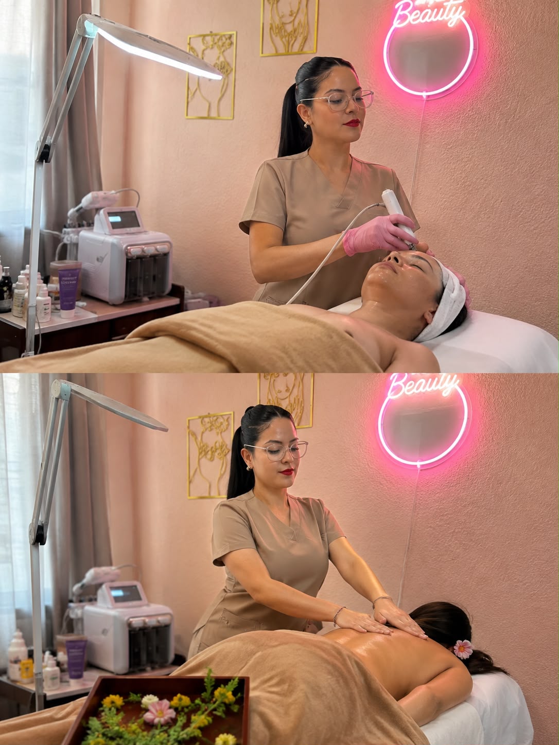 Tulia realizando un tratamiento facial y un masaje corporal en cabina